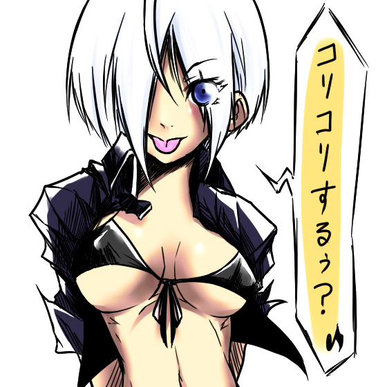 angel (kof), snk, the king of fighters, translation request, 1girl, :p, bikini, bikini top only, breasts, female focus, hair over one eye, solo, swimsuit, tongue, tongue out, underboob