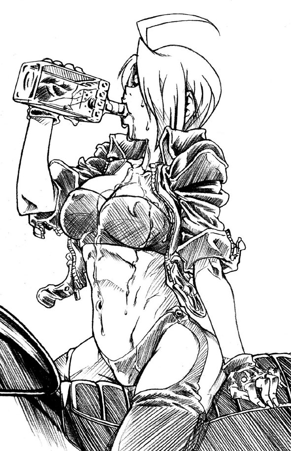 angel (kof), snk, the king of fighters, vehicle, 1girl, ahoge, chaps, crop top, drinking, drooling, female focus, fingerless gloves, gloves, greyscale, jacket, midriff, monochrome, motor vehicle, motorcycle, navel, short hair, solo