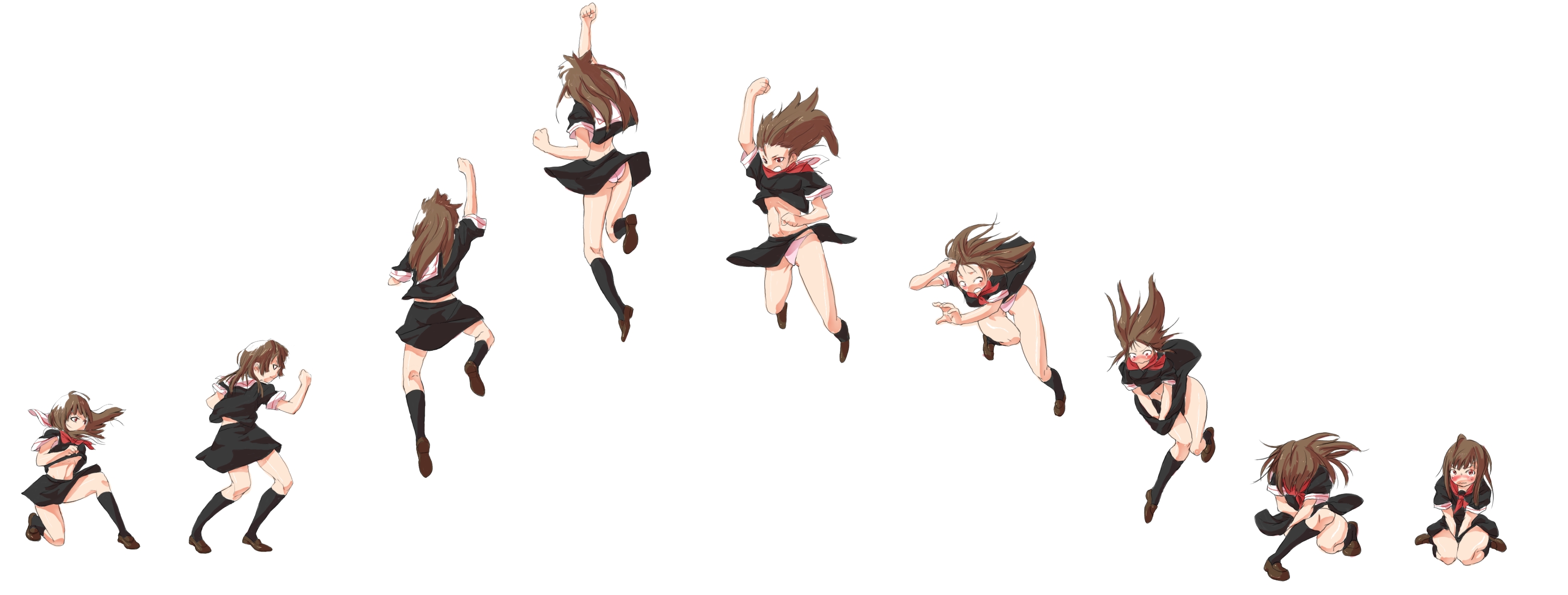 sum41, capcom, street fighter, absurdres, highres, long image, wide image, ass, black shirt, black socks, blouse, blush, brown eyes, brown hair, kneehighs, neckerchief, panties, parody, red neckerchief, ribbon, school uniform, sequential, shirt, shouryuuken, simple background, skirt, socks, underwear, uppercut, white background