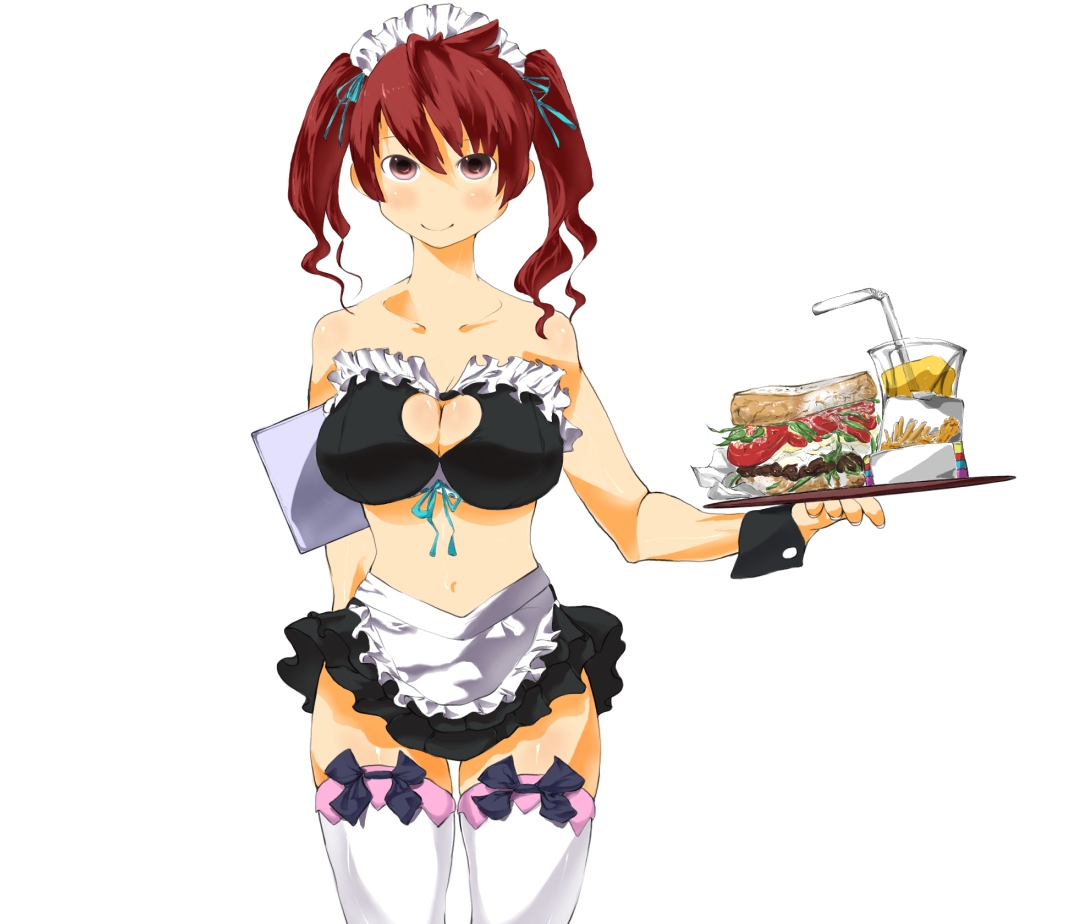 sum41, 1girl, apron, bare shoulders, blush, breasts, cleavage, cleavage cutout, clothing cutout, female focus, food, heart, heart cutout, large breasts, maid, maid apron, midriff, miniskirt, navel, pink eyes, red eyes, red hair, ribbon, skirt, smile, solo, thighhighs, tray, twintails, waitress, white thighhighs, wrist cuffs