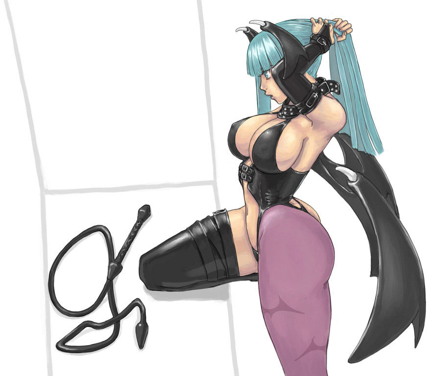 ark (morita hitomi), morrigan aensland, capcom, darkstalkers, print legwear, 1girl, adapted costume, adjusting hair, animal print, asymmetrical legwear, bat print, breasts, cleavage, covered erect nipples, curvy, dominatrix, female focus, gloves, green hair, head wings, large breasts, leg lift, pantyhose, sideboob, single leg pantyhose, single thighhigh, solo, thick thighs, thighhighs, thighs, tying hair, uneven legwear, whip, wide hips, wings