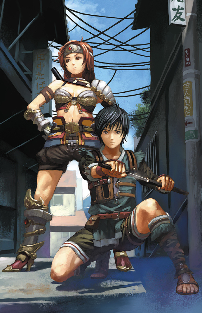 itou satoshi, 1boy, 1girl, armor, bikini armor, black hair, boots, breasts, brown eyes, brown hair, circlet, cleavage, high heels, kneeling, knife, long hair, medium breasts, navel, on one knee, realistic, road, sheath, shoes, short hair, shorts, standing, street, sword, unsheathing, weapon