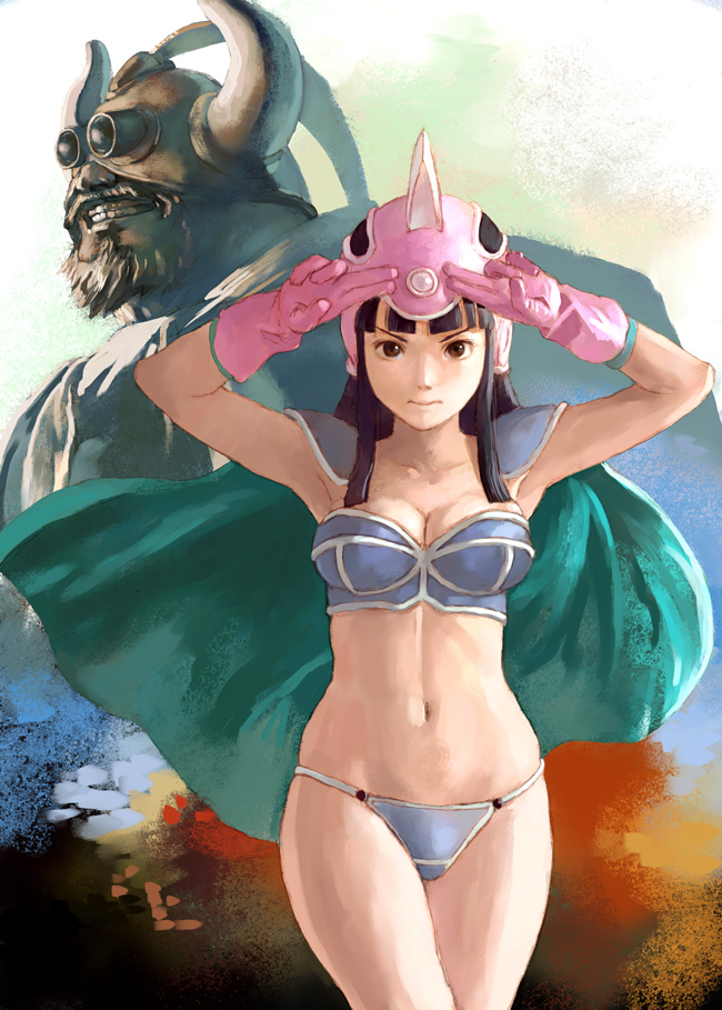 itou satoshi, chi-chi (dragon ball), gyuu maou, dragon ball, 1boy, 1girl, aged down, armor, armpits, arms up, bikini, bikini armor, black hair, breasts, brown eyes, cleavage, gloves, helmet, hime cut, horns, large breasts, legs, long hair, navel, realistic, serious, swimsuit, thighs