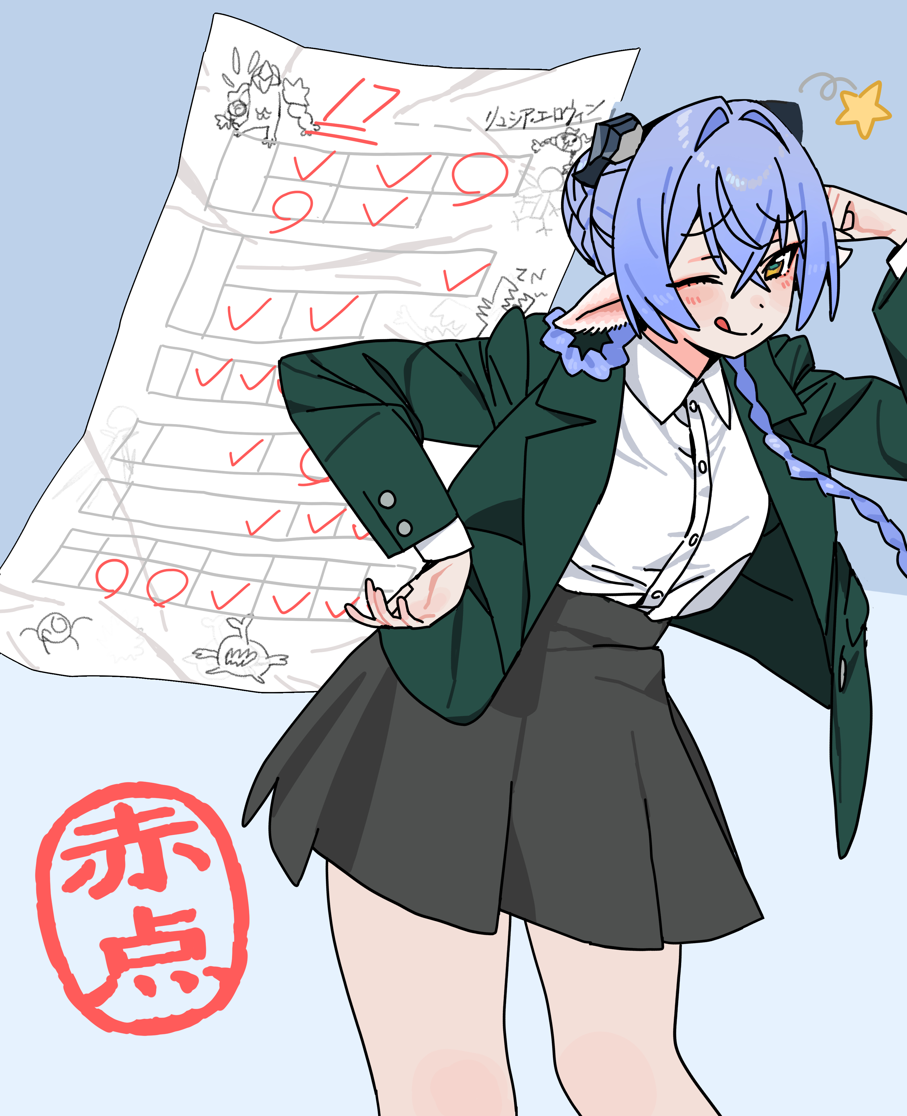 andii (anzai teachco), lucia elowen, zenless zone zero, absurdres, commentary request, highres, 1girl, academic test, alternate costume, animal ears, black horns, black skirt, blue background, blue hair, blush, braid, breasts, closed mouth, cowboy shot, crossed bangs, goat ears, goat girl, goat horns, green jacket, hair between eyes, hair intakes, hand on own hip, horizontal pupils, horns, jacket, leaning to the side, long hair, medium breasts, one eye closed, paper, pointy ears, school uniform, shirt, shirt tucked in, skirt, smile, solo, star (symbol), test score, tongue, tongue out, twin braids, white shirt, yellow eyes