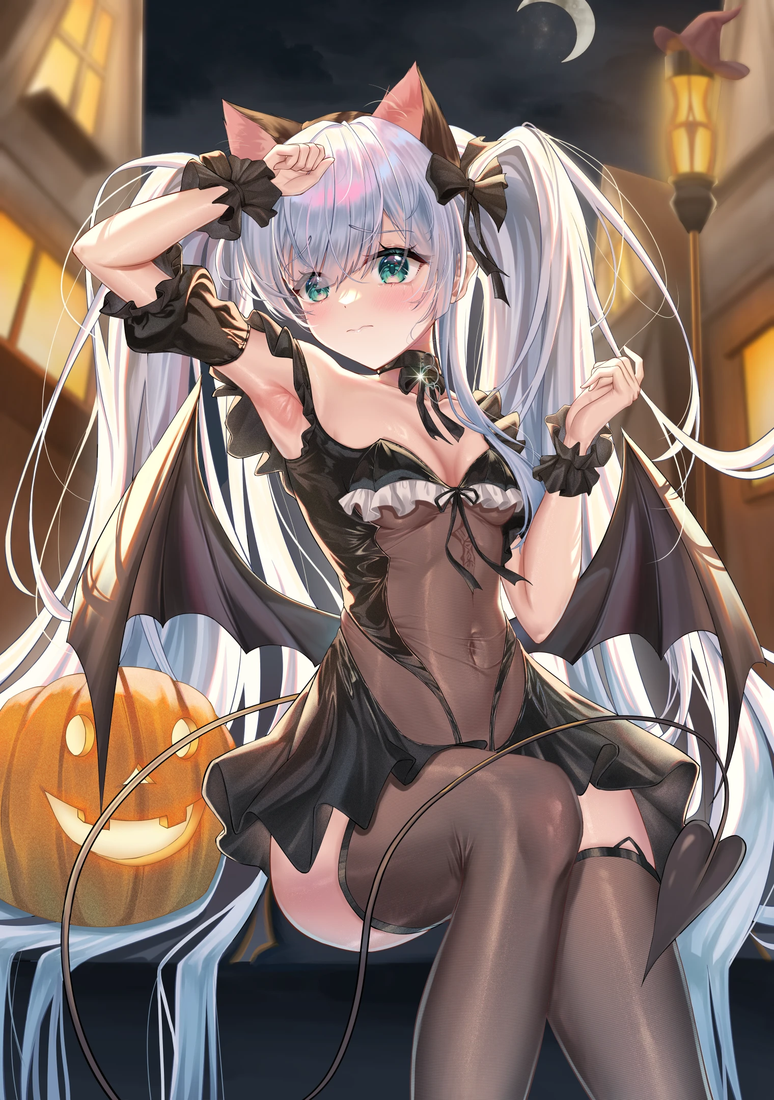 kordilia, janus (azur lane), janus (fright-night scaredy-cat) (azur lane), azur lane, chinese commentary, commentary request, highres, 1girl, animal ears, aqua eyes, arm up, armpits, bare shoulders, belt collar, black dress, black wings, black wrist cuffs, blush, bodystocking, breasts, brown thighhighs, building, cat ears, closed mouth, collar, collarbone, covered navel, crescent moon, detached sleeves, dress, frilled dress, frilled wrist cuffs, frills, front-tie top, glint, hair between eyes, hair ribbon, halloween, halloween costume, hand up, jack-o'-lantern, lamppost, looking ahead, low wings, moon, night, night sky, official alternate costume, outdoors, pumpkin, ribbon, see-through clothes, sitting, sky, small breasts, solo, tail, thighhighs, thighs, twintails, wavy mouth, white hair, wings, wrist cuffs