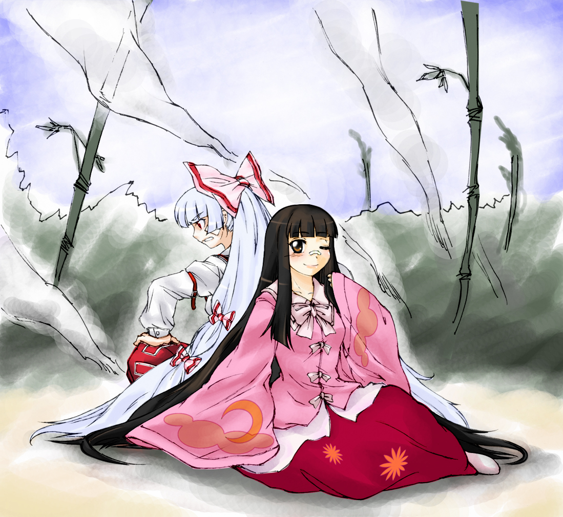 kooricha, fujiwara no mokou, houraisan kaguya, touhou, silver hair, bad id, bad pixiv id, 2girls, back-to-back, black hair, bow, brown eyes, female focus, hair bow, hair ribbon, long hair, multiple girls, red eyes, ribbon