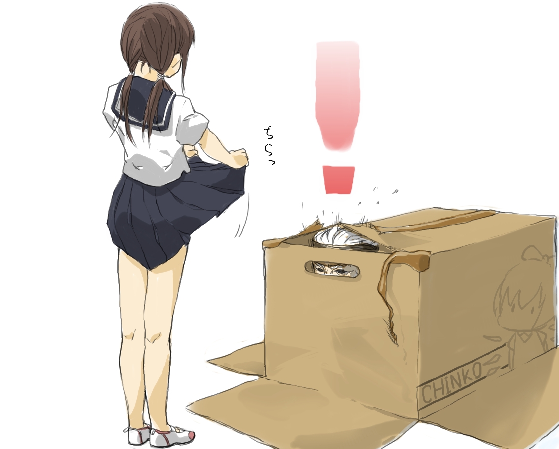 sum41, cirno, old snake, solid snake, metal gear (series), metal gear solid 4: guns of the patriots, original, touhou, !, 1boy, 1girl, box, brown hair, cardboard box, clothes lift, flashing, in container, no socks, parody, school uniform, skirt, skirt lift, white hair