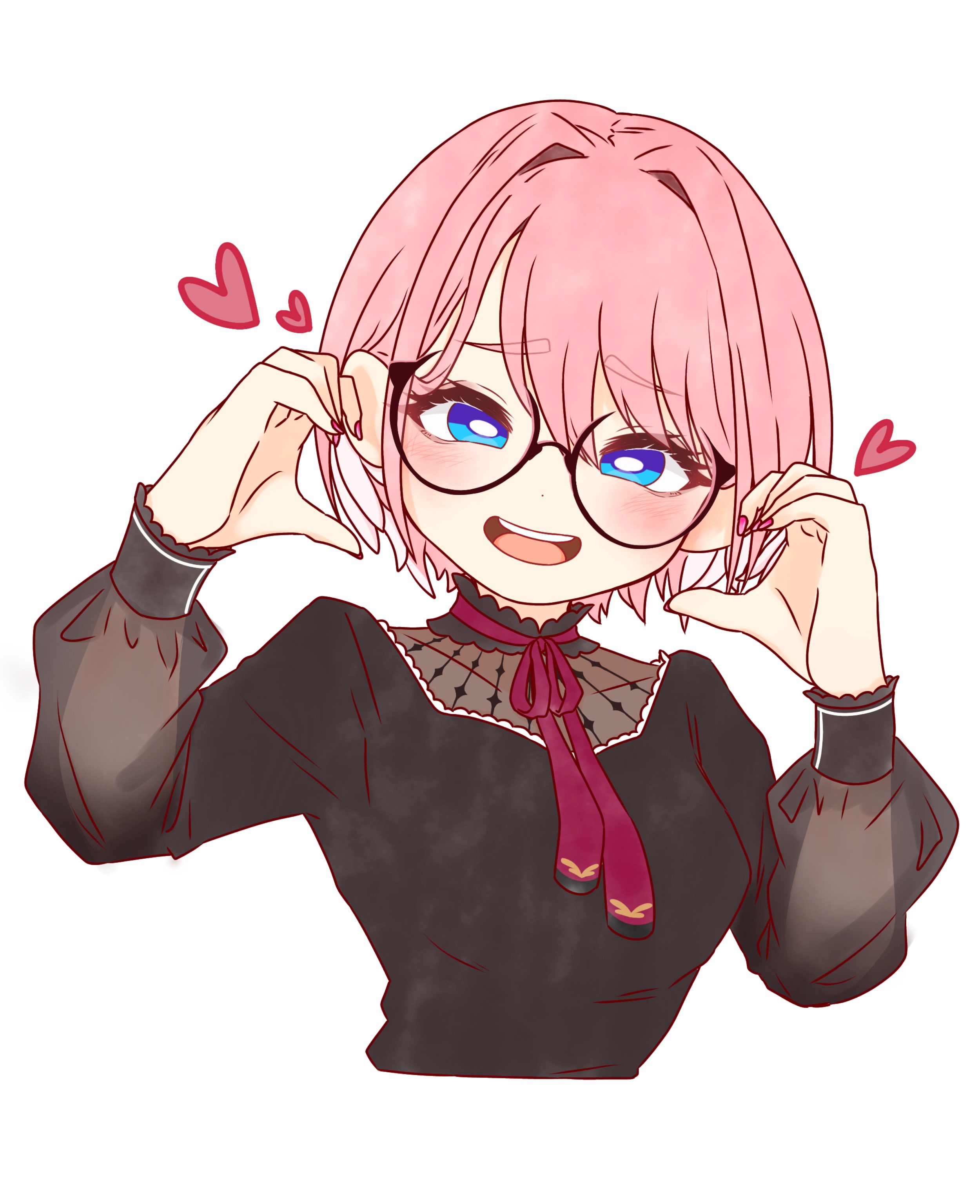 ringo 21 a, takane lui, takane lui (casual), hololive, absurdres, commentary request, highres, 1girl, black shirt, blue eyes, blush, breasts, cropped torso, glasses, hair between eyes, hands up, heart, long sleeves, looking at viewer, medium breasts, neck ribbon, official alternate costume, open mouth, pink hair, red ribbon, ribbon, shirt, short hair, simple background, smile, solo, swept bangs, virtual youtuber, white background