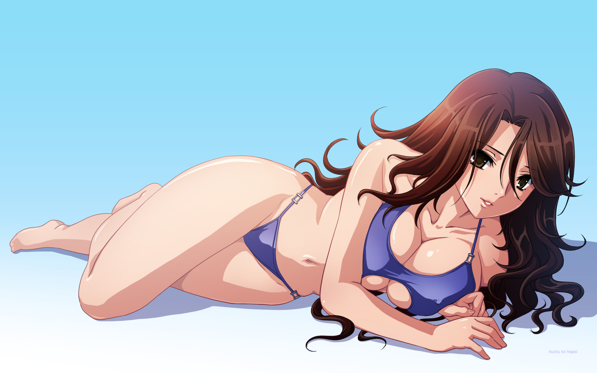 tadano akira, sumeragi lee noriega, gundam, gundam 00, highres, 00s, 1girl, barefoot, bikini, breasts, brown hair, cleavage, female focus, huge breasts, long hair, lying, simple background, solo, swimsuit