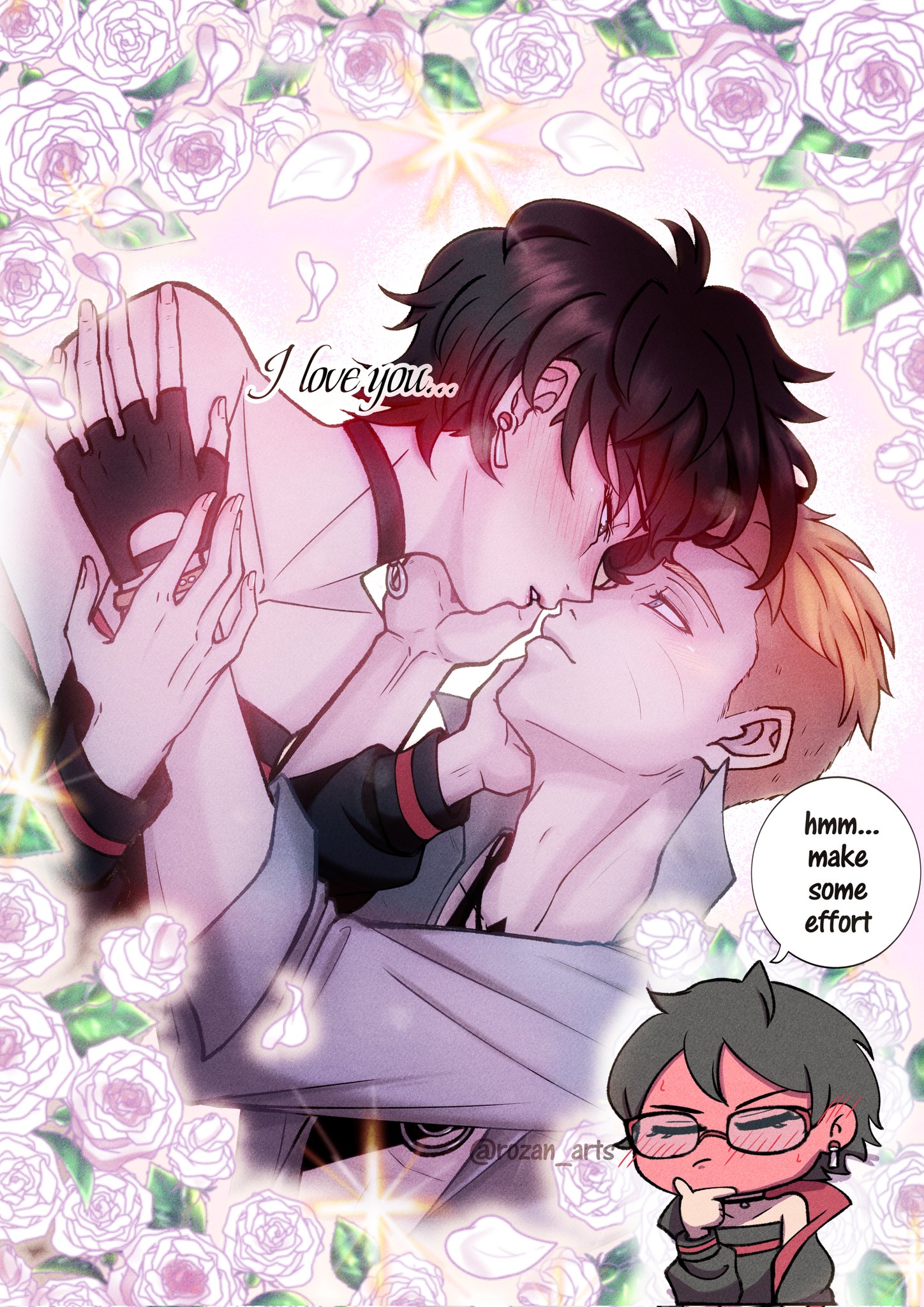 uchiha sarada, uzumaki boruto, boruto: two blue vortex, naruto (series), commentary, corrupted twitter file, english commentary, highres, 1boy, 1girl, balcony, black choker, black jacket, black tube top, blonde hair, blush, choker, earrings, english text, facial mark, fingerless gloves, flower, full-face blush, glasses, gloves, grey jacket, hand on own chin, hetero, imagining, imminent kiss, jacket, jewelry, no eyewear, parted lips, pink flower, pink rose, rose, rozan arts, short hair, single fingerless glove, strapless, sweat, thinking, tube top, undercut, whisker markings