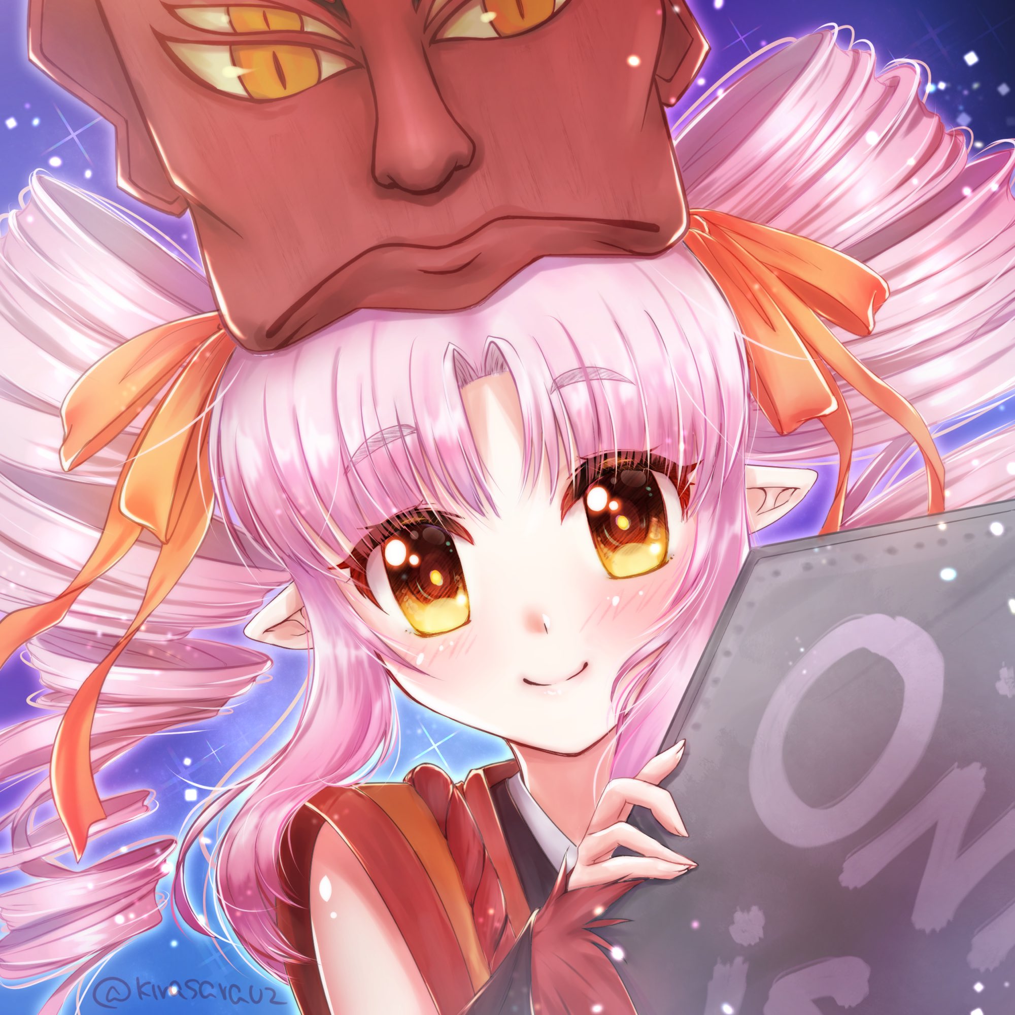 yomiwata2, tsuina-chan, onikko hunter tsuina-chan, voiceroid, commission, highres, skeb commission, 1girl, blue background, close-up, closed mouth, drill hair, hair ribbon, holding, holding shield, light particles, long hair, mask, mask on head, orange eyes, orange ribbon, parted bangs, pink hair, pointy ears, portrait, red mask, ribbon, shield, smile, solo, twin drills, twitter username