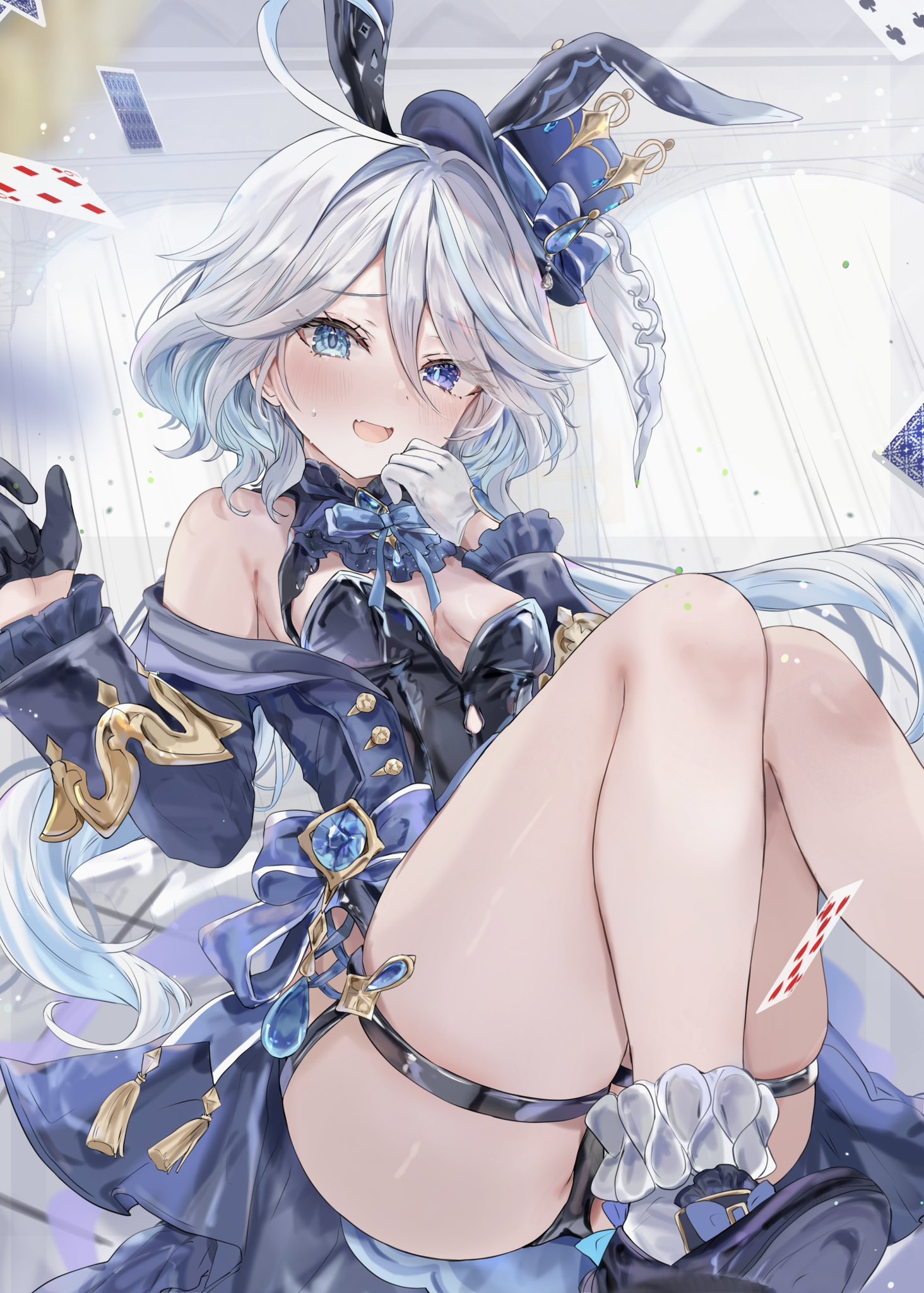 maruro, furina (genshin impact), genshin impact, commentary, highres, symbol-only commentary, 1girl, adapted costume, animal ears, asymmetrical gloves, bare shoulders, black gloves, blue eyes, blue hair, breasts, drop-shaped pupils, fake animal ears, gloves, hair between eyes, hat, heterochromia, long hair, long sleeves, looking at viewer, mismatched gloves, mismatched pupils, multiple girls, open mouth, rabbit ears, shoes, small breasts, smile, socks, solo, symbol-shaped pupils, thigh strap, thighs, top hat, very long hair, white gloves, white hair, white socks