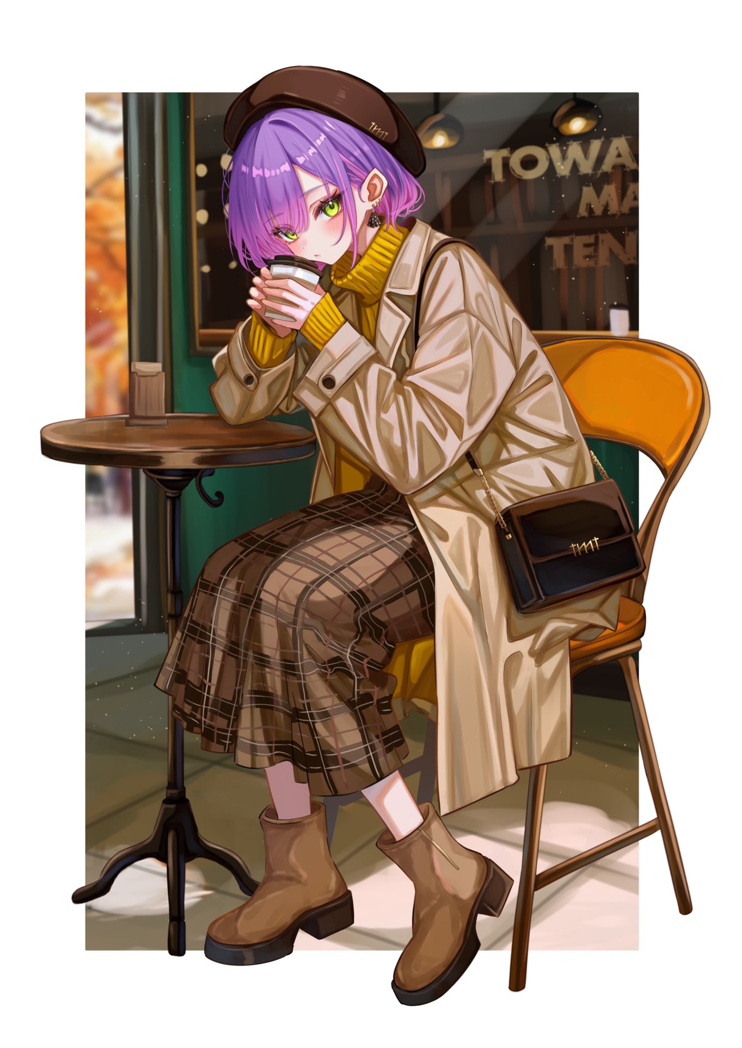 sa-ya2, tokoyami towa, hololive, highres, revision, 1girl, bag, beret, bob cut, boots, border, brown boots, brown coat, brown hat, chair, coat, cup, disposable cup, earrings, full body, gradient hair, green eyes, hat, holding, holding cup, jewelry, long skirt, looking at viewer, multicolored hair, on chair, outdoors, outside border, pink hair, plaid clothes, plaid skirt, pointy ears, purple hair, ribbed sweater, short hair, shoulder bag, sitting, skirt, solo, sweater, turtleneck, turtleneck sweater, virtual youtuber, white border, yellow sweater