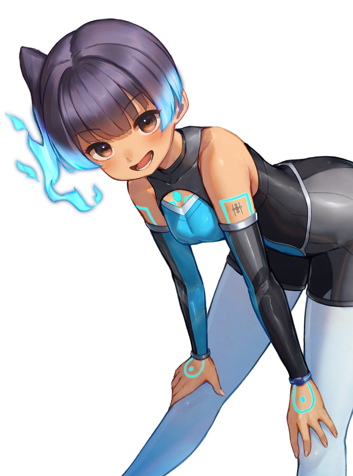 hakusai (hksicabb), sena (xenoblade), xenoblade chronicles (series), xenoblade chronicles 3, cropped, 1girl, ass, blue hair, breasts, brown eyes, dark-skinned female, dark skin, elbow gloves, gloves, hands on own knees, looking at viewer, lower teeth only, medium hair, side ponytail, sleeveless, swimsuit, teeth