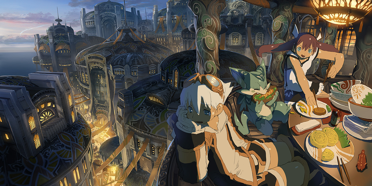 nouzui, original, bad id, bad pixiv id, chopsticks, city, cloud, creature, food, goggles, night