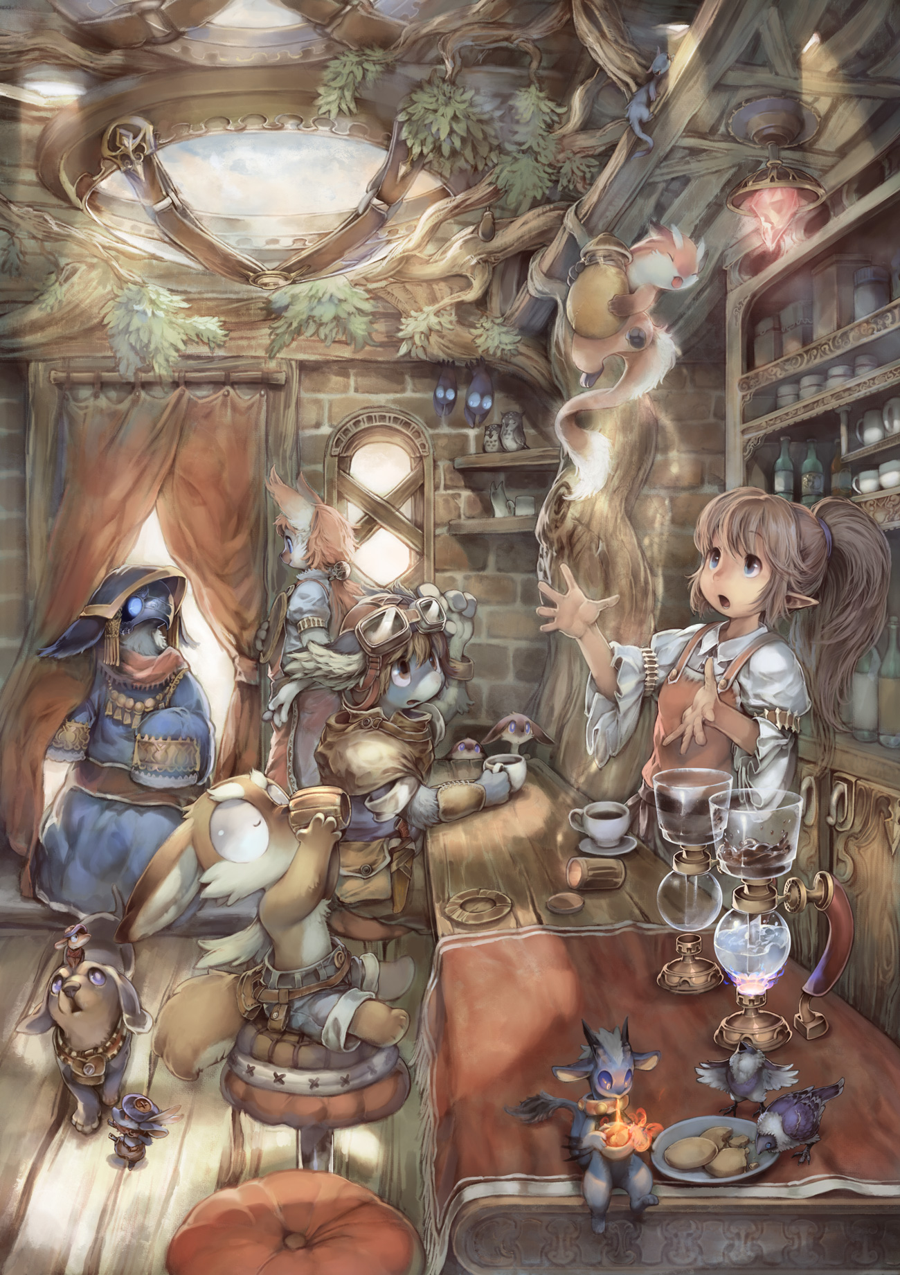 murayama, murayama ryota, highres, 2boys, 2girls, animal, bar stool, bird, cat, chair, cookie, cup, dog, drink, drinking, eating, everyone, fantasy, ferret, food, furry, glass, goggles, leaf, magic, mask, mouse (animal), multiple boys, multiple girls, owl, pink hair, pointy ears, ponytail, shop, stool, sunlight, surprised, tree, window