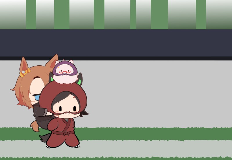 gomashio (goma feet), biwa hayahide (umamusume), narita taishin (umamusume), winning ticket (umamusume), umamusume, commentary request, 3girls, :3, animal ears, bandaid, bandaid on cheek, bandaid on face, black hair, black kimono, blue eyes, blush, bnw (umamusume), brown hair, carrying, carrying person, chibi, chibi only, closed mouth, hood, hood up, horse ears, horse girl, horse tail, japanese clothes, jitome, kimono, long sleeves, multiple girls, red kimono, short hair, socks, tabi, tail, white socks, | |