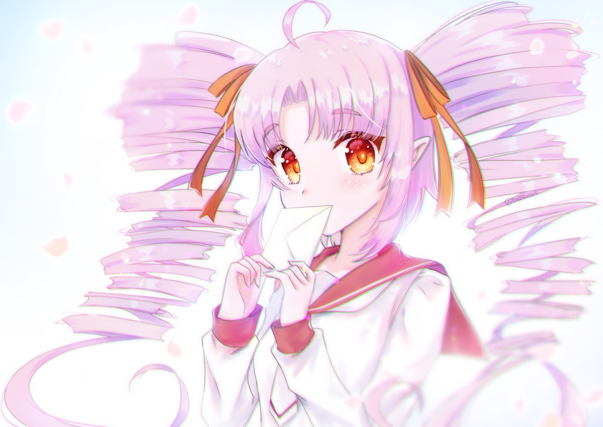 yomiwata2, tsuina-chan, onikko hunter tsuina-chan, voiceroid, highres, 1girl, ahoge, blurry edges, covered mouth, drill hair, fang, hair ornament, hair ribbon, holding, holding letter, letter, long hair, long sleeves, looking at viewer, necktie, official alternate costume, orange eyes, orange ribbon, parted bangs, petals, pink hair, pointy ears, red sailor collar, ribbon, sailor collar, school uniform, shirt, sidelocks, simple background, skin fang, solo, twin drills, twitter username, upper body, very long hair, white background, white necktie, white shirt