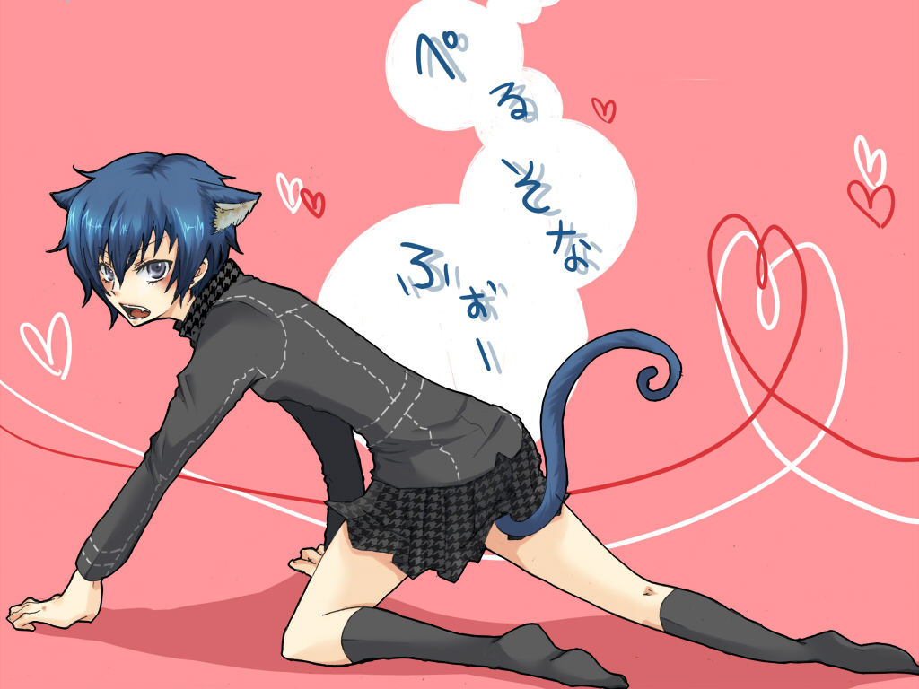 shirogane naoto, atlus, persona, persona 4, 1girl, all fours, androgynous, animal ears, blue eyes, blue hair, blush, cat, cat ears, cat tail, clothes lift, female focus, kemonomimi mode, matching hair/eyes, plaid clothes, plaid skirt, school uniform, skirt, skirt lift, socks, solo, tail, thighhighs