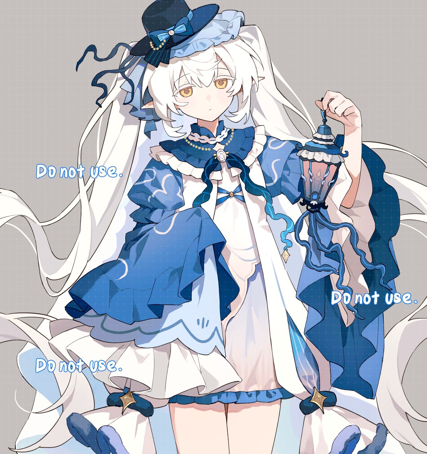 ame ame, original, highres, 1girl, blue dress, blue hat, closed mouth, cowboy shot, dress, frilled dress, frilled sleeves, frills, hat, holding, holding lantern, lantern, long hair, long sleeves, pointy ears, simple background, sleeves past fingers, sleeves past wrists, solo, top hat, twintails, very long hair, watermark, white hair, wide sleeves, yellow eyes
