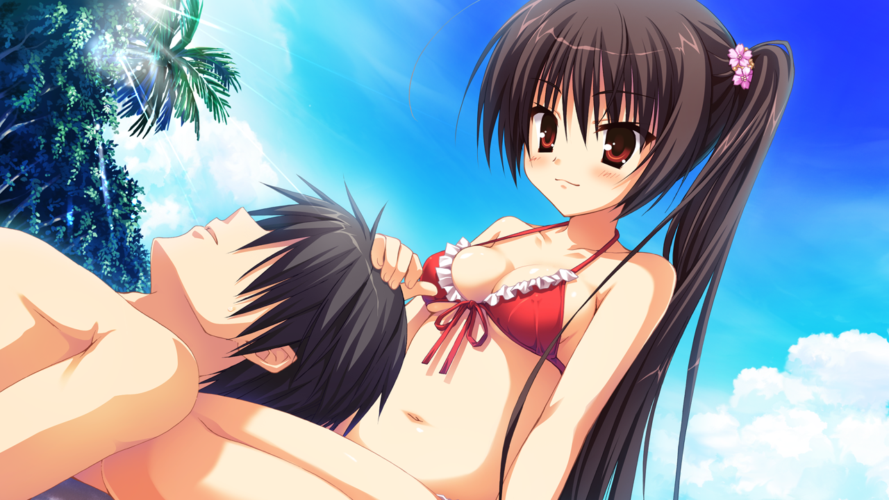 kobuichi, muririn, unohana no sakuyahime, tenshinranman, game cg, 1boy, 1girl, beach, bikini, black hair, blush, breasts, cleavage, cloud, day, faceless, faceless male, flower, frilled bikini, frills, front-tie top, hair flower, hair ornament, lap pillow, long hair, medium breasts, midriff, navel, outdoors, ponytail, red eyes, side ponytail, sky, smile, sunlight, swimsuit