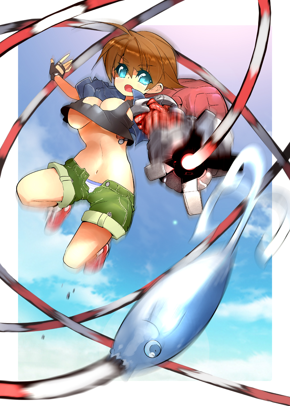 a-walk, fujishima-sei ichi-gou, nathan spencer, umihara kawase (character), bionic commando, bionic commando rearmed, capcom, umihara kawase, highres, 1girl, backpack, bag, blue eyes, breasts, brown hair, cleavage, colored eyelashes, cosplay, crossover, female focus, fingerless gloves, fish, fishing, fishing line, fishing lure, gloves, green eyes, jumping, large breasts, midriff, motion blur, navel, open mouth, panties, pantyshot, parody, prosthesis, prosthetic arm, randoseru, short hair, shorts, solo, striped clothes, striped panties, tank top, unbuttoned, underboob, underwear, white panties