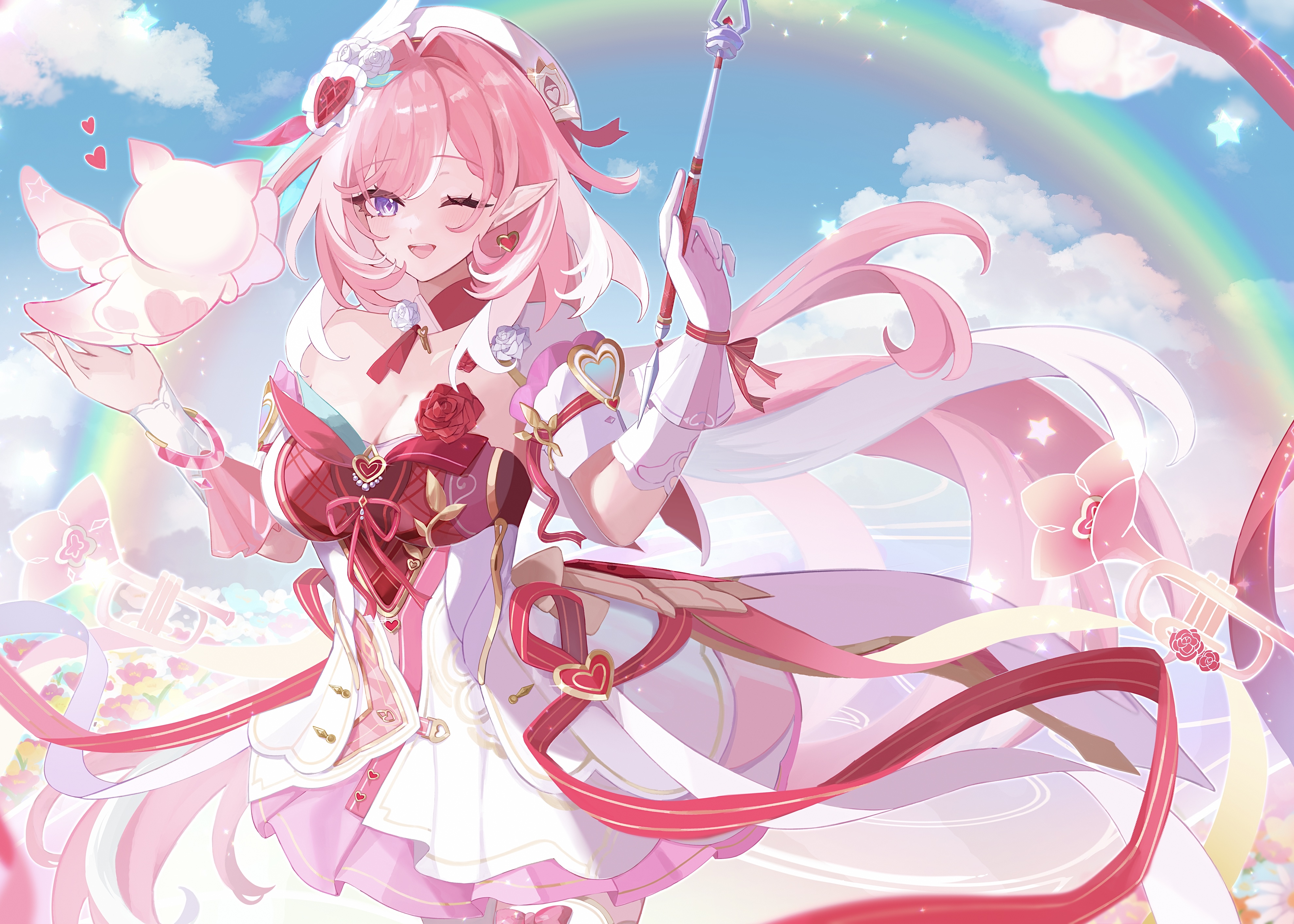 tdatnst, elysia (hi love elf) (honkai impact), elysia (honkai impact), honkai (series), honkai impact 3rd, absurdres, commentary request, highres, 1girl, ;o, beret, breasts, cleavage, diamond-shaped pupils, diamond (shape), dress, elf, gloves, hat, heart ribbon, holding ribbon baton, large breasts, little messenger (honkai impact), long hair, looking at viewer, multicolored hair, one eye closed, pink hair, pointy ears, purple eyes, red dress, single glove, solo, symbol-shaped pupils, two-tone hair, very long hair, white dress, white gloves, white hair