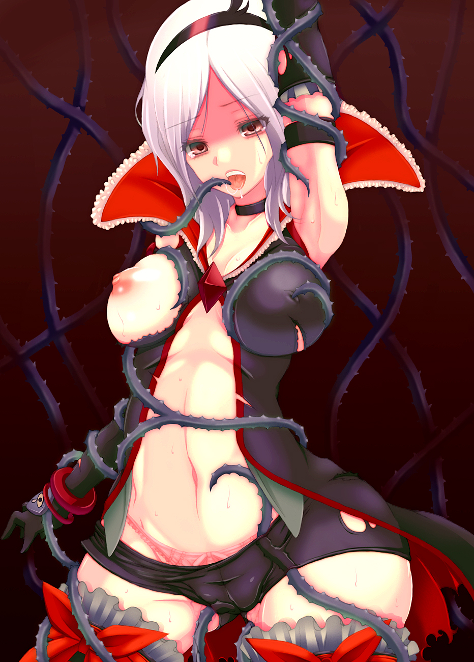 kannagi kaname, eas (fresh precure!), higashi setsuna, fresh precure!, precure, black neckwear, silver hair, bad id, bad pixiv id, highres, 00s, 1girl, bow, bow panties, breasts, cameltoe, choker, cleavage, covered erect nipples, crotch rub, elbow gloves, eyelashes, female focus, gloves, hairband, hip focus, jewelry, large breasts, navel, panties, pink panties, rape, red eyes, short hair, solo, tentacles, tentacles under clothes, torn clothes, underwear, wide hips