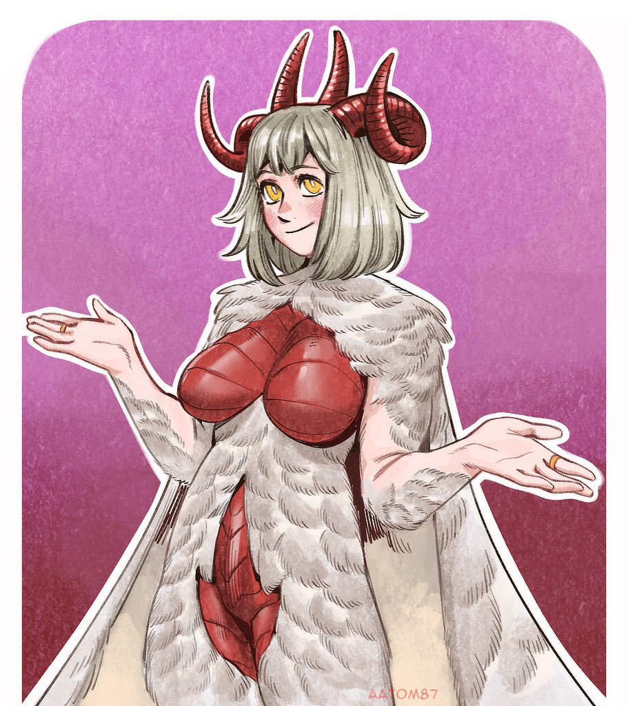 aatom87, falin touden, falin touden (chimera), dungeon meshi, commentary, english commentary, 1girl, alternate costume, artist name, blonde hair, breasts, cowboy shot, curled horns, grey fur, horns, jewelry, large breasts, medium hair, red hair, ring, smile, solo, wings, yellow eyes