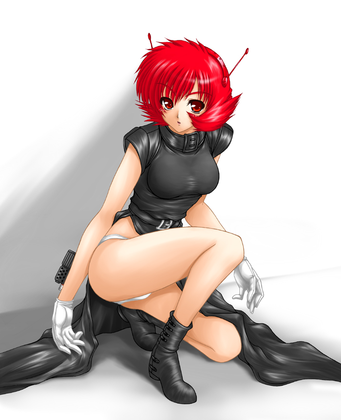akanako, marui ryuu, maria (ghost sweeper mikami), ghost sweeper mikami, 1girl, android, ass, boots, breasts, cleavage, female focus, gloves, legs, panties, pantyshot, red eyes, red hair, short hair, solo, underwear, white gloves, white panties
