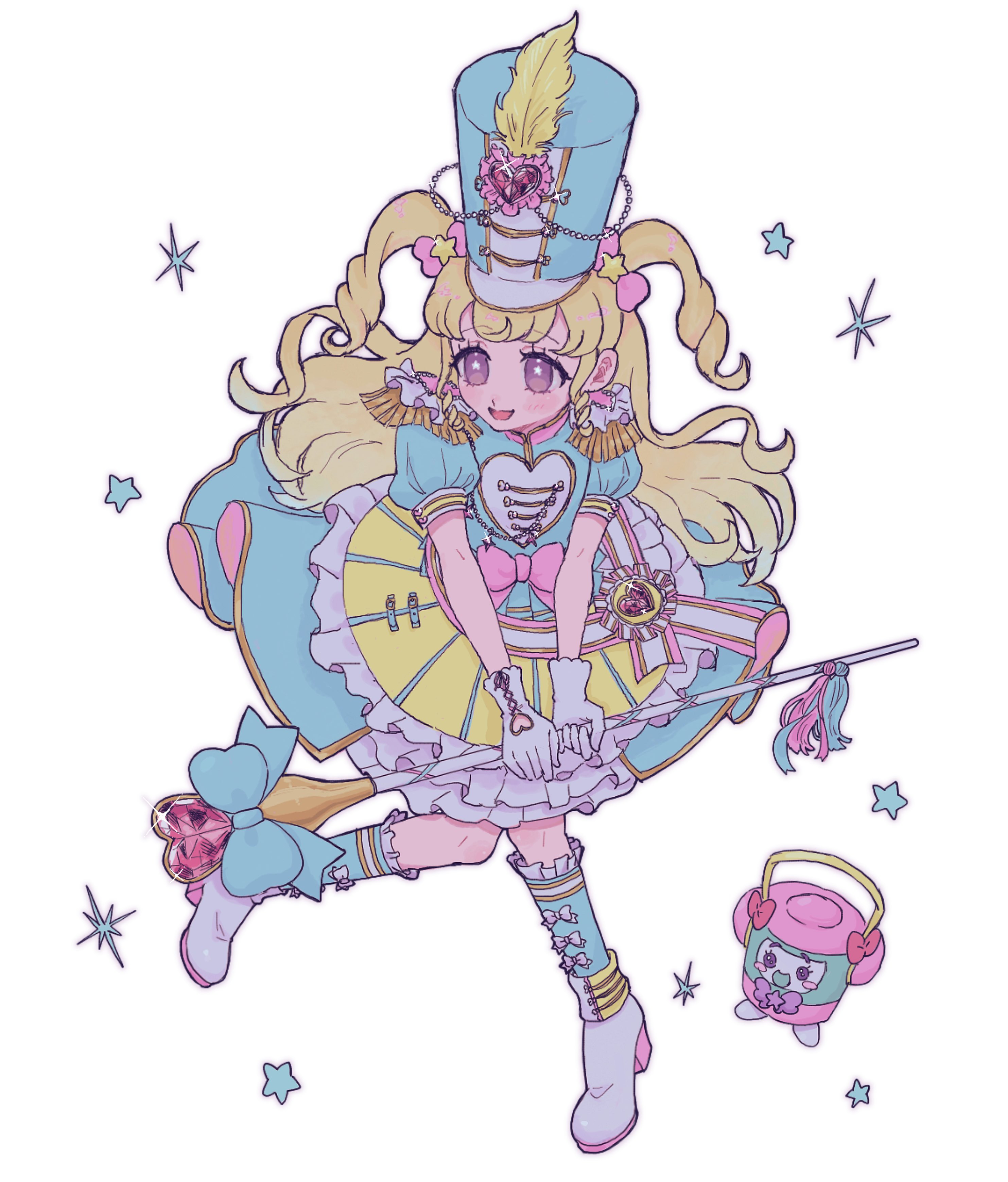 yumekawa yui, idol time pripara, pretty series, pripara, absurdres, commentary request, highres, 1girl, :d, band uniform, blonde hair, blue dress, boots, bow, cle 423, dress, epaulettes, full body, hat, idol clothes, long hair, looking to the side, marching band baton, open mouth, pink bow, puffy short sleeves, puffy sleeves, purple eyes, rice cooker, ringlets, shako cap, short sleeves, smile, solo, sparkle, standing, star (symbol), takki (pripara), two side up, white background, white boots
