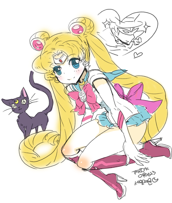 taruk, chiba mamoru, luna (sailor moon), sailor moon, tsukino usagi, tuxedo kamen, bishoujo senshi sailor moon, 1990s (style), 1girl, black cat, blonde hair, blue eyes, blue sailor collar, blue skirt, boots, bow, cat, choker, double bun, earrings, elbow gloves, gloves, high heels, jewelry, knee boots, long hair, magical girl, red bow, retro artstyle, sailor collar, shoes, skirt, tiara, twintails, very long hair, white gloves