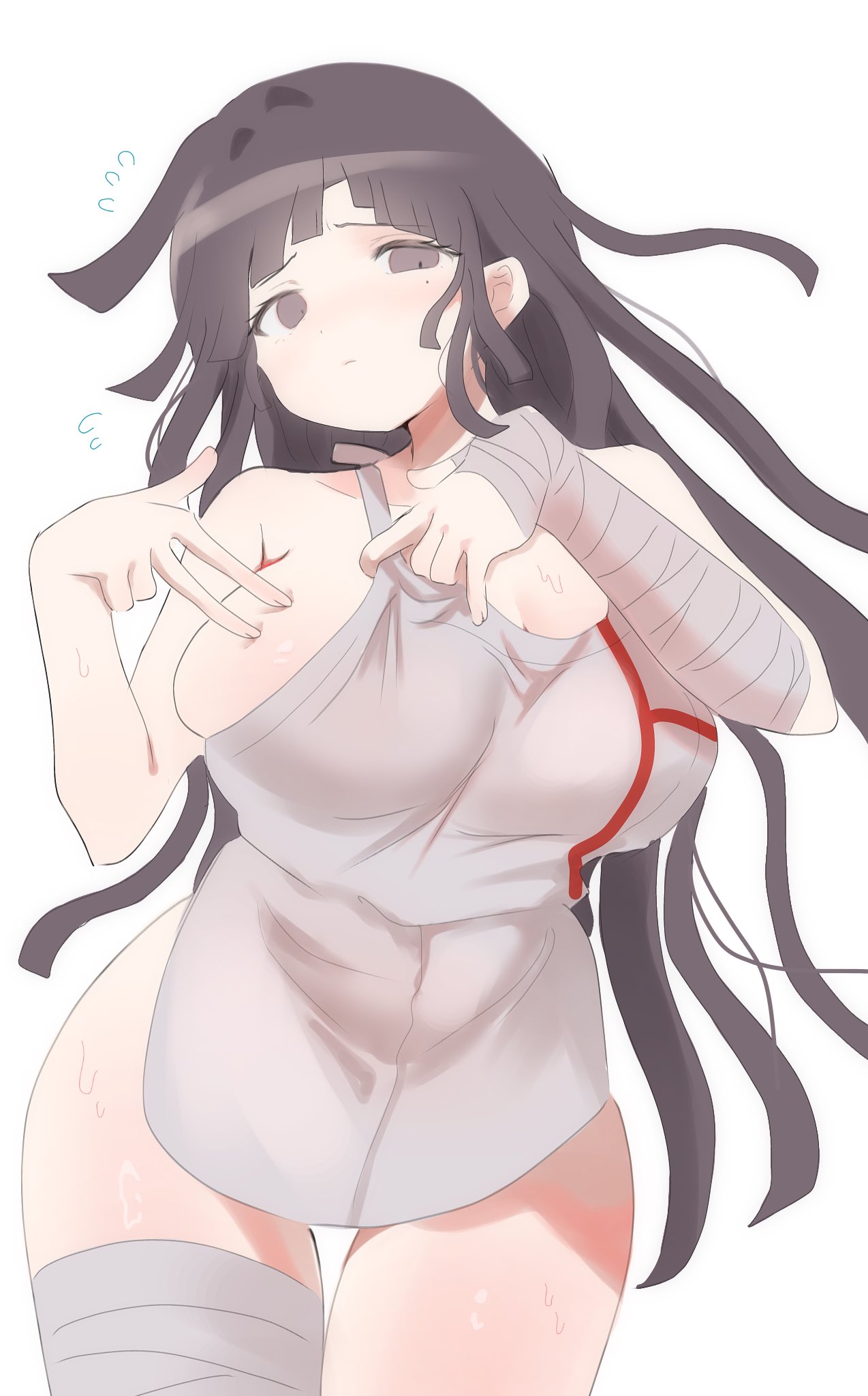 ikemen'na ore-shi, tsumiki mikan, danganronpa (series), danganronpa 2: goodbye despair, highres, 1girl, apron, bandaged leg, bandages, bare shoulders, black hair, breasts, collarbone, cowboy shot, large breasts, long hair, looking at viewer, mole, mole under eye, naked apron, solo, sweat