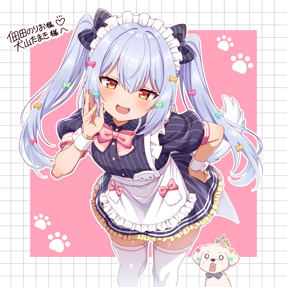 torinokawori, inuyama tamaki, inuyama tamaki (2nd costume), noripro, commission, skeb commission, 1boy, apron, black dress, blue hair, bow, bowtie, collared dress, cowboy shot, crossdressing, crossdressing (mtf), dog, dress, frilled dress, frills, hair bow, hand on own hip, hand up, leaning forward, long hair, looking at viewer, maid, maid apron, maid headdress, male focus, male maid, multiple hair bows, official alternate costume, pinstripe dress, pinstripe pattern, puffy short sleeves, puffy sleeves, short sleeves, smile, solo, thighhighs, trap, twintails, virtual youtuber, white thighhighs, wrist cuffs, yellow eyes, zettai ryouiki