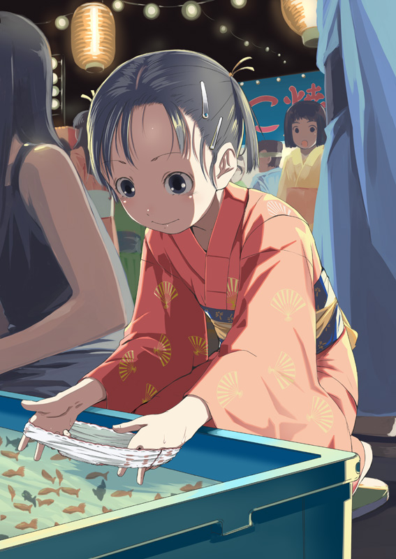 sody, original, 3girls, black eyes, black hair, goldfish scooping, hair ornament, hairclip, holding, holding panties, holding underwear, holding unworn clothes, japanese clothes, kimono, multiple girls, panties, short hair, solo focus, twintails, underwear, unworn panties, white panties, you're doing it wrong, yukata