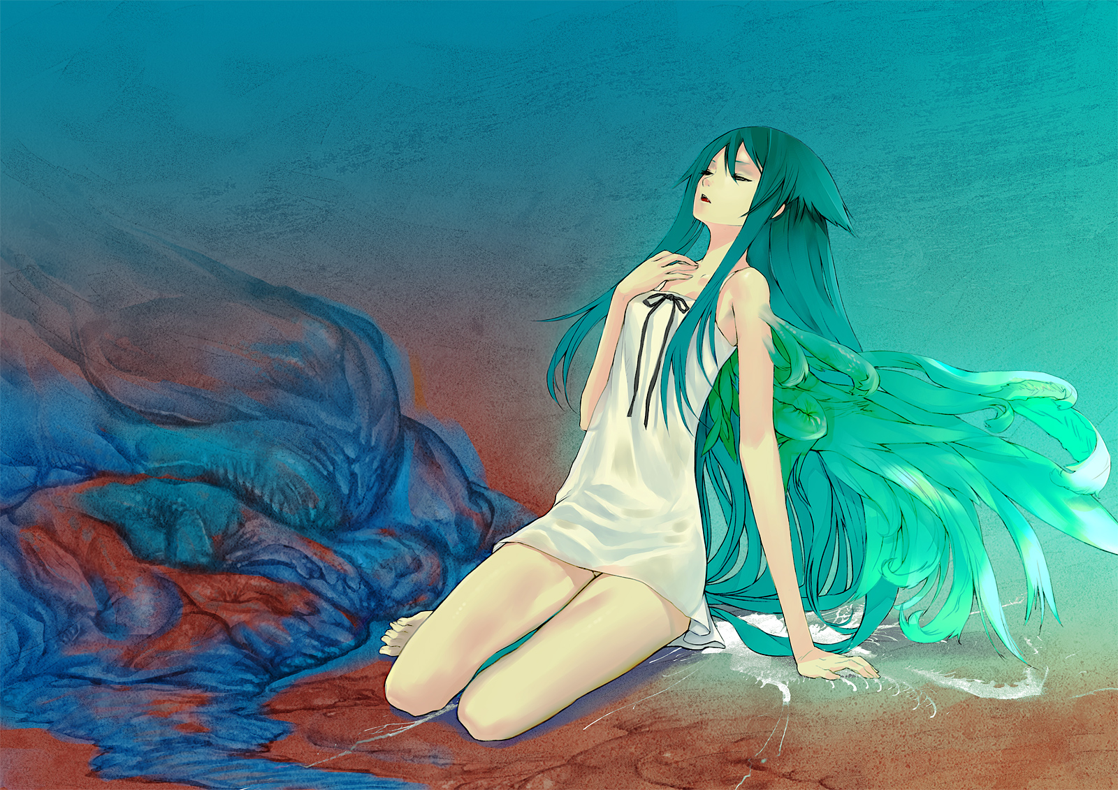 redjuice, saya (saya no uta), saya no uta, highres, 1girl, arm support, barefoot, chemise, closed eyes, feet, female focus, flat chest, full body, green hair, long hair, sitting, slime (substance), solo, very long hair