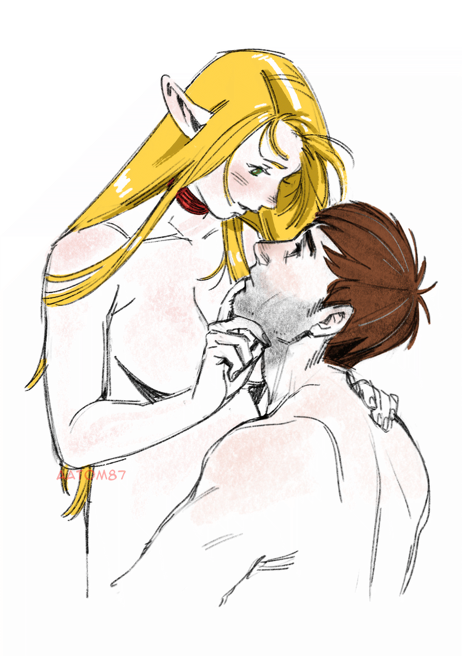 aatom87, chilchuck tims, chilchuck tims (tallman), marcille donato, dungeon meshi, commentary, english commentary, highres, 1boy, 1girl, alternate breast size (larger), artist name, beard stubble, blonde hair, breasts, brown hair, choker, eye contact, facial hair, green eyes, hetero, large breasts, looking at another, nude, pointy ears, red choker, stubble