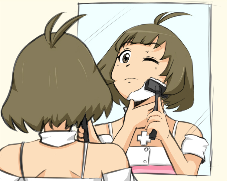 maidon, akizuki ryo, idolmaster, idolmaster dearly stars, 00s, 1boy, ahoge, antenna hair, artistic error, bad reflection, brown hair, crossdressing, crossdressing (mtf), cute & girly (idolmaster), male focus, mirror, razor, reflection, safety razor, shaving, short hair, simple background, solo, trap, white background