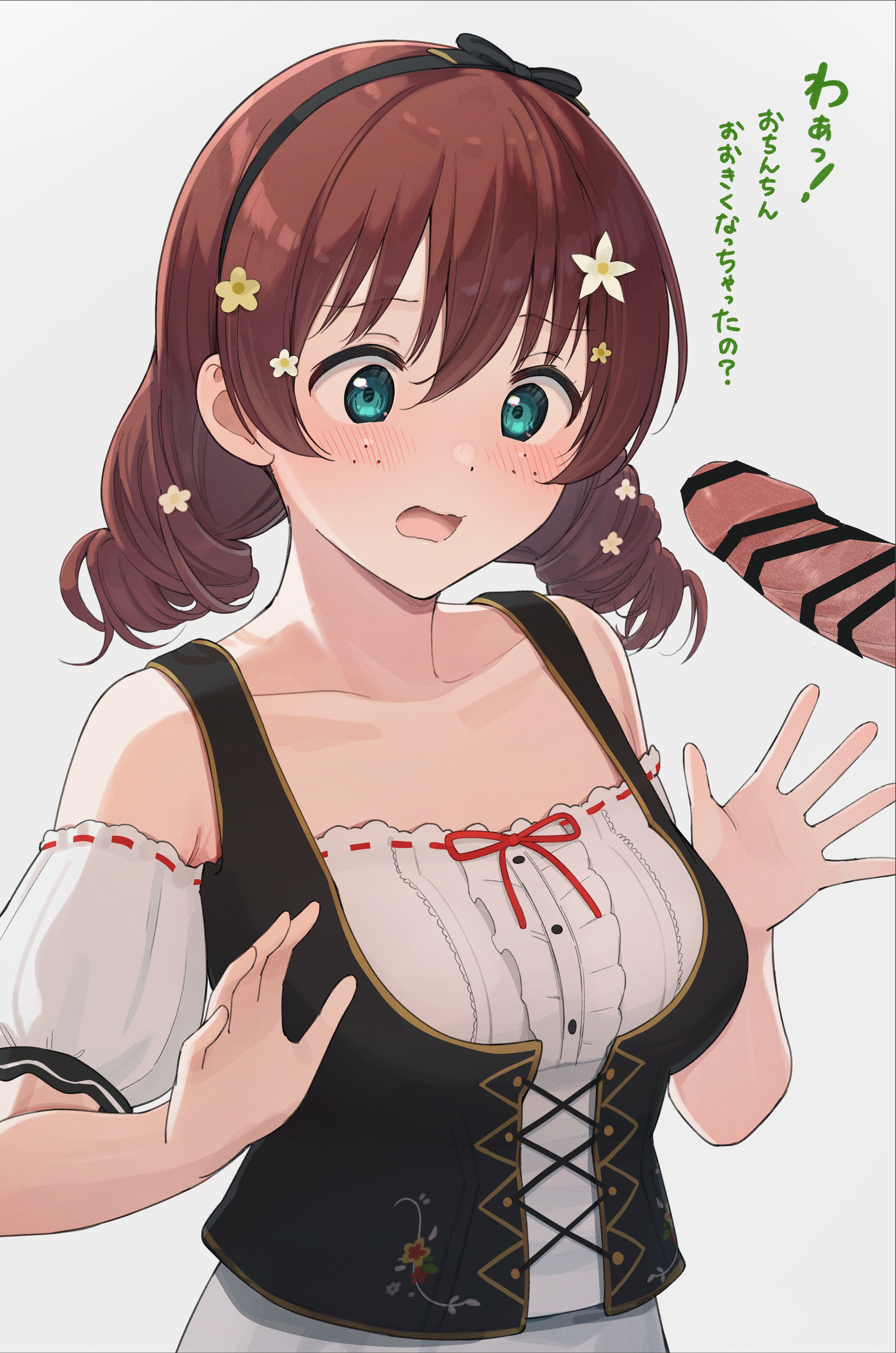 tata (tataice), emma verde, love live!, love live! nijigasaki high school idol club, absurdres, check translation, commentary request, highres, translation request, 1boy, 1girl, aqua eyes, bar censor, black headband, black vest, blush, breasts, brown hair, censored, cross-laced vest, dirndl, dress, embarrassed, erection, evergreen (love live!), flower, freckles, german clothes, hair flower, hair ornament, hands up, headband, hetero, looking at penis, medium hair, official alternate costume, official alternate hairstyle, open mouth, penis, puffy short sleeves, puffy sleeves, short sleeves, vest, white dress