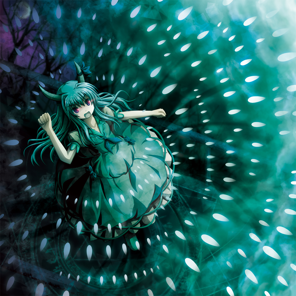 akashio (loli ace), ex-keine, kamishirasawa keine, touhou, bad id, bad pixiv id, 1girl, danmaku, female focus, green hair, horns, long hair, red eyes, ribbon, solo