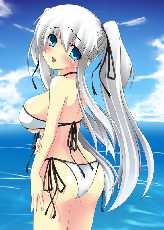 umitsubame, nao (mabinogi), mabinogi, 1girl, :o, ass, bikini, blue eyes, blush, breasts, butt crack, day, female focus, front-tie top, hair ribbon, large breasts, long hair, looking at viewer, looking back, ocean, ribbon, shadow, side-tie bikini bottom, solo, swimsuit, twintails, underboob, water, white bikini, white hair