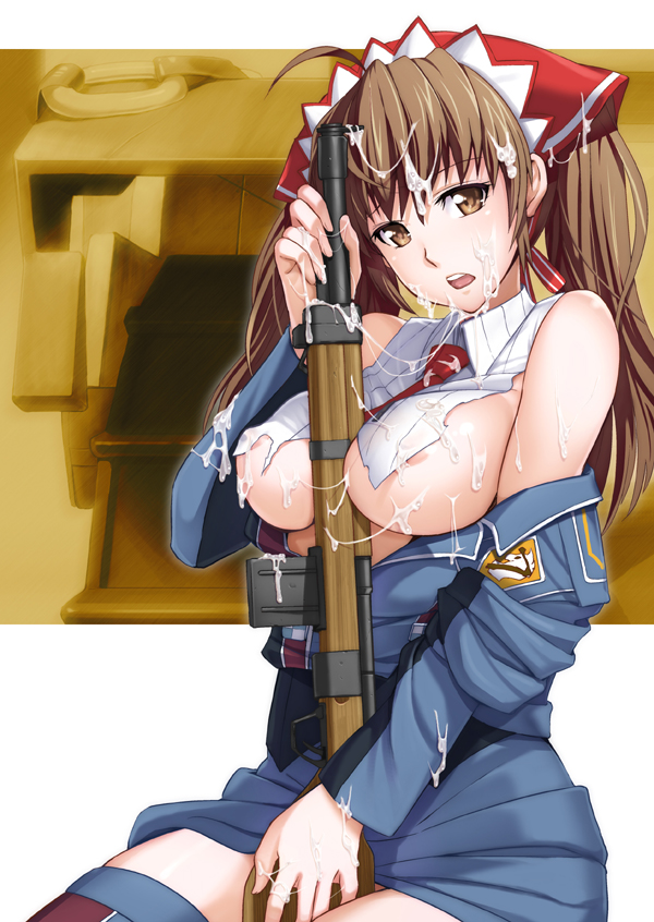 inue shinsuke, alicia melchiott, senjou no valkyria, senjou no valkyria (series), senjou no valkyria 1, 00s, 1girl, ahoge, between breasts, breasts, brown eyes, brown hair, cum, cum on body, cum on breasts, cum on clothes, cum on hair, cum on upper body, facial, female focus, gun, hairband, large breasts, long hair, military, military uniform, necktie, nipple slip, nipples, no bra, off shoulder, open clothes, open mouth, open shirt, shirt, sitting, skirt, solo, thighhighs, torn clothes, twintails, underboob, weapon