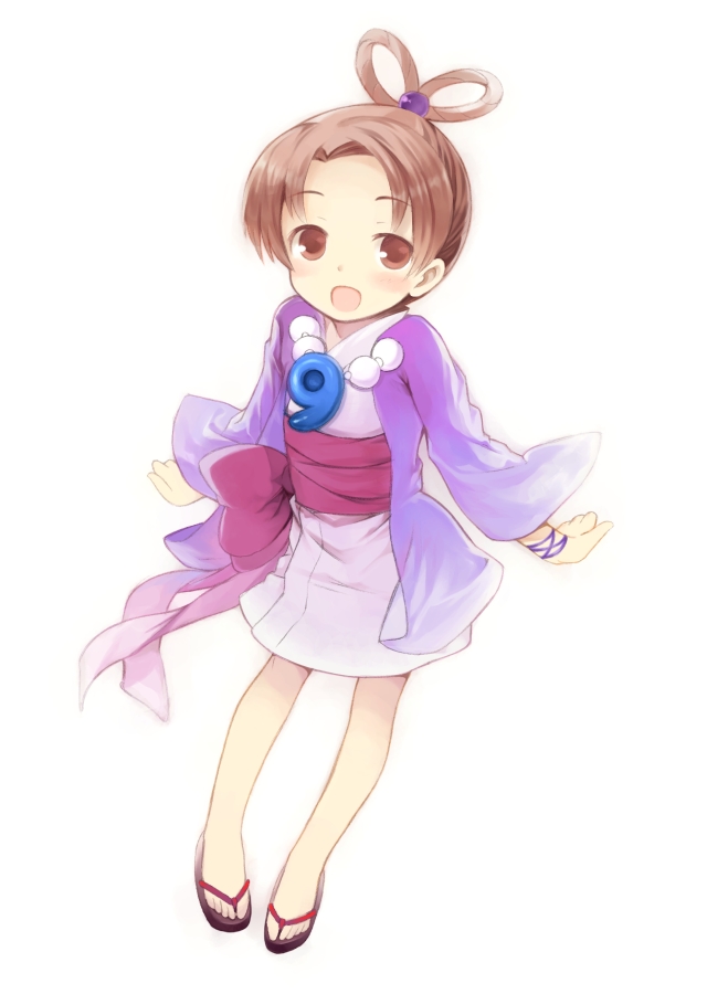 kurasuke, pearl fey, ace attorney, capcom, 1girl, brown eyes, brown hair, female focus, hair rings, japanese clothes, magatama, sandals, short hair, simple background, smile, solo