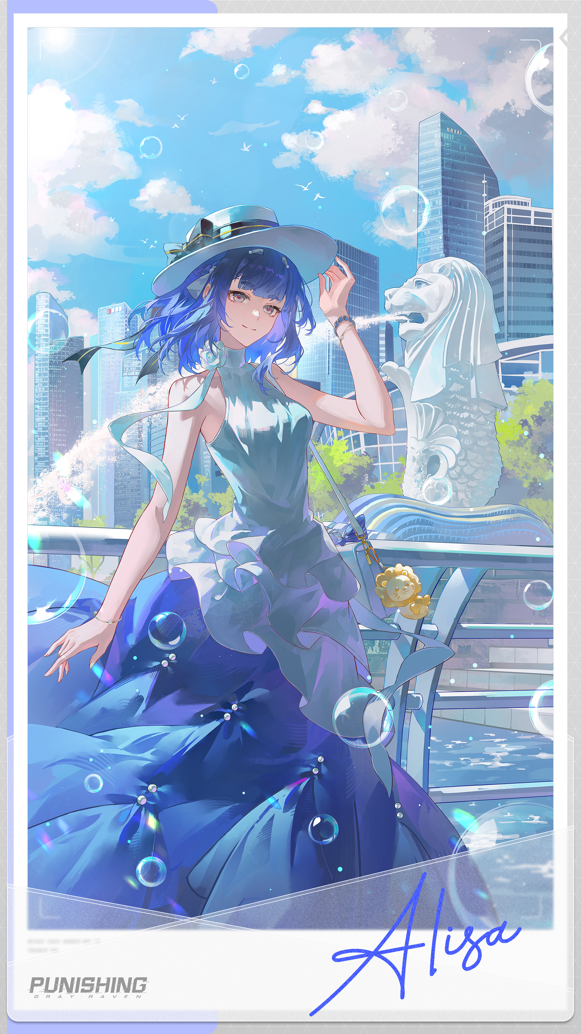 alisa (pgr), punishing: gray raven, absurdres, commentary, english commentary, highres, official art, 1girl, adjusting clothes, adjusting headwear, arm up, bag, black ribbon, blue hair, blue skirt, boater hat, bracelet, bubble, building, character name, charm (object), closed mouth, cloud, copyright name, day, dress, frilled skirt, frills, grey eyes, halter dress, halterneck, hat, hat ribbon, jewelry, layered skirt, long skirt, merlion, outdoors, picture frame, railing, ribbon, short hair, shoulder bag, singapore, skirt, sleeveless, sleeveless dress, smile, solo, standing, water, white bag, white dress, white hat