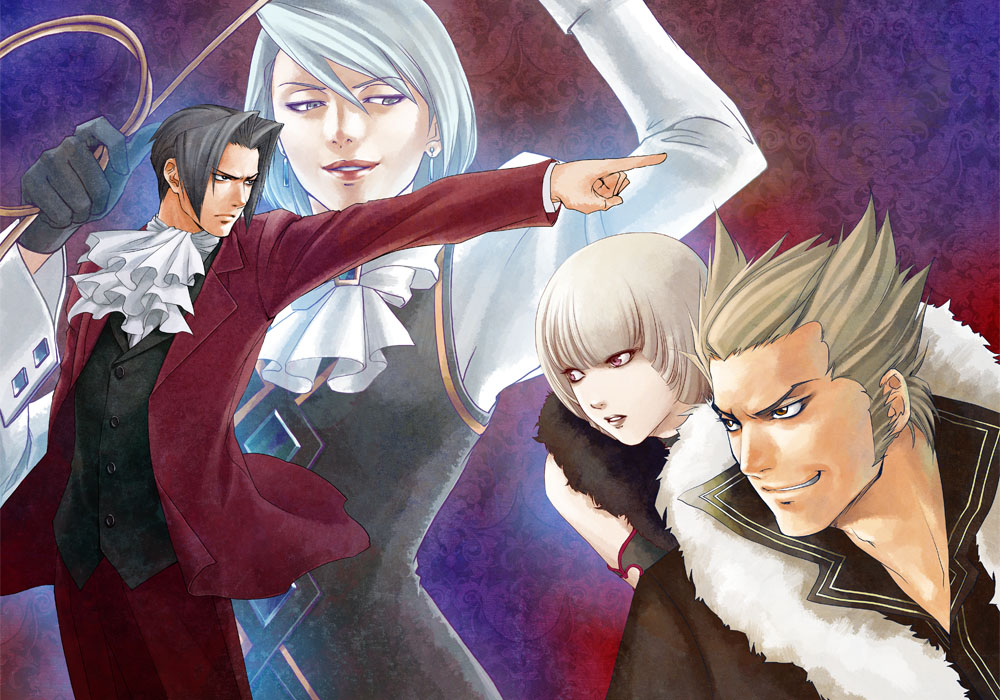 mayo (mayonnaise), mayonnaise (artist), franziska von karma, miles edgeworth, shi-long lang, shih-na, ace attorney, ace attorney investigations, ace attorney investigations: miles edgeworth, capcom, fur, 2boys, 2girls, arm up, ascot, black hair, earrings, evil grin, evil smile, formal clothes, frown, gloves, grey hair, grin, jewelry, lipstick, makeup, mayonnaise, multiple boys, multiple girls, naughty face, objection, orange eyes, pink eyes, pointing, realistic, short hair, sideburns, smile, suit, whip, wrist cuffs