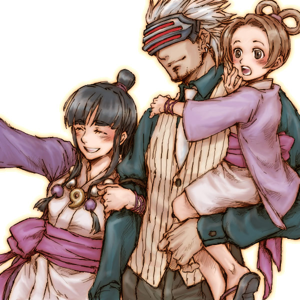 ichi2co, godot (ace attorney), maya fey, pearl fey, ace attorney, capcom, phoenix wright: ace attorney – trials and tribulations, 1boy, 2girls, black hair, brown hair, carrying, hair ornament, japanese clothes, magatama, mask, multiple girls, necktie, sphere hair ornament