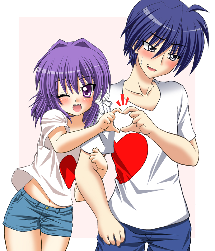 tenkawa, fujibayashi kyou, okazaki tomoya, clannad, bad id, bad pixiv id, spoilers, 00s, 1boy, 1girl, arm hug, blue hair, blush, denim, denim shorts, four-finger heart hands, heart, heart hands, heart hands duo, jeans, one eye closed, pants, purple eyes, purple hair, short hair, shorts, wink