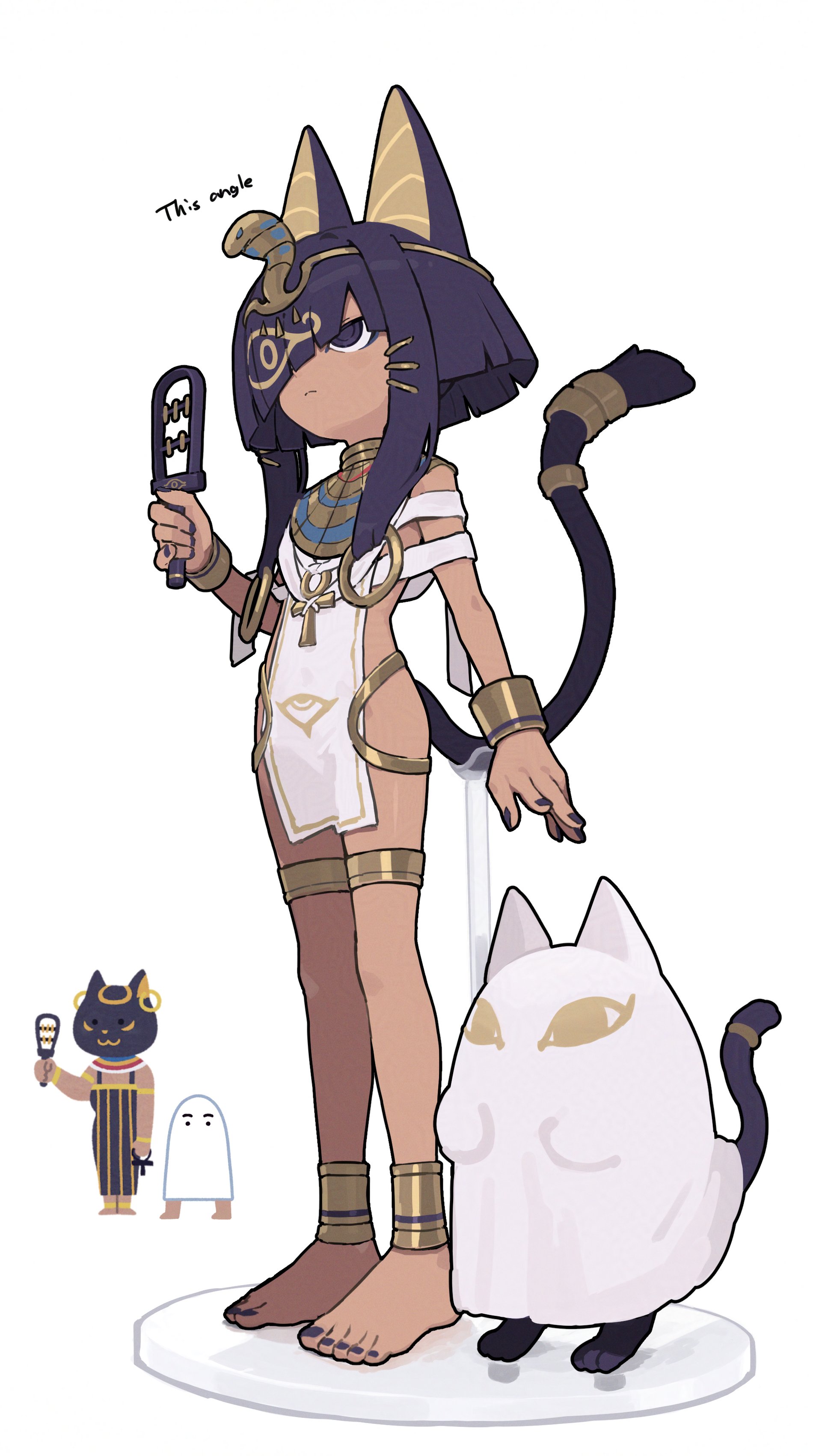 zizi niisan, original, absurdres, commentary request, highres, 1girl, ancient egyptian, ancient egyptian clothes, animal ears, anklet, barefoot, black eyes, black fur, black hair, black nails, bracelet, brown egyptian cat-eared loli (trend), cat, cat ears, cat girl, cat tail, closed mouth, dark-skinned female, dark skin, faux figurine, flat chest, full body, hair over one eye, jewelry, long hair, sidelocks, simple background, tail, tan, usekh collar, white background