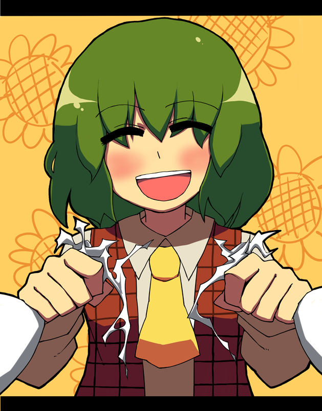 kawanabe, yaza, kazami yuuka, touhou, bad id, bad pixiv id, 1girl, :d, ascot, blush, closed eyes, closed umbrella, destruction, false smile, female focus, flower, green hair, letterboxed, open mouth, plaid clothes, plaid vest, short hair, smile, solo, sunflower, umbrella, upper body, vest