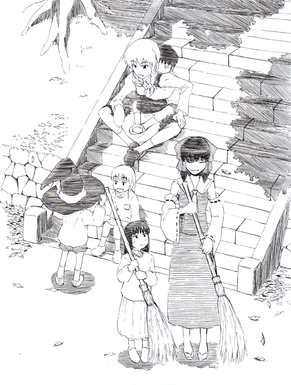 norisuke (kuranori), yamaguchi yuu (norisu), hakurei reimu, kirisame marisa, touhou, bad id, bad pixiv id, 2boys, 4girls, braid, broom, child, greyscale, hair ribbon, hat, monochrome, multiple boys, multiple girls, ribbon, stairs, witch, witch hat